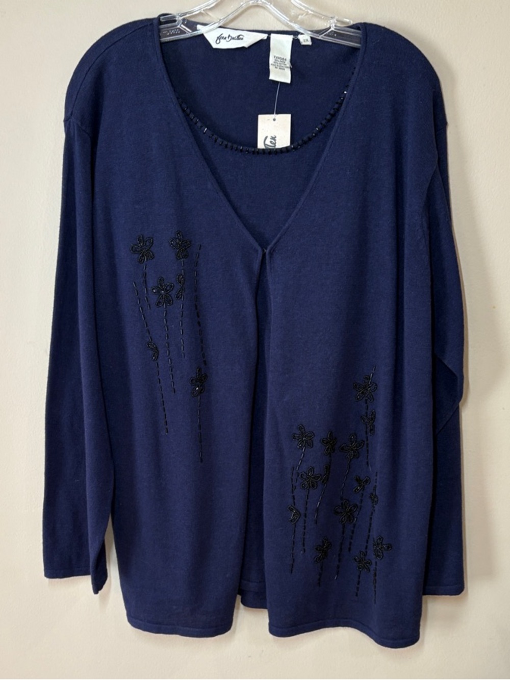 Fran Dratten Navy Beaded Open-Front Faux Twin Set Cardigan, 2X